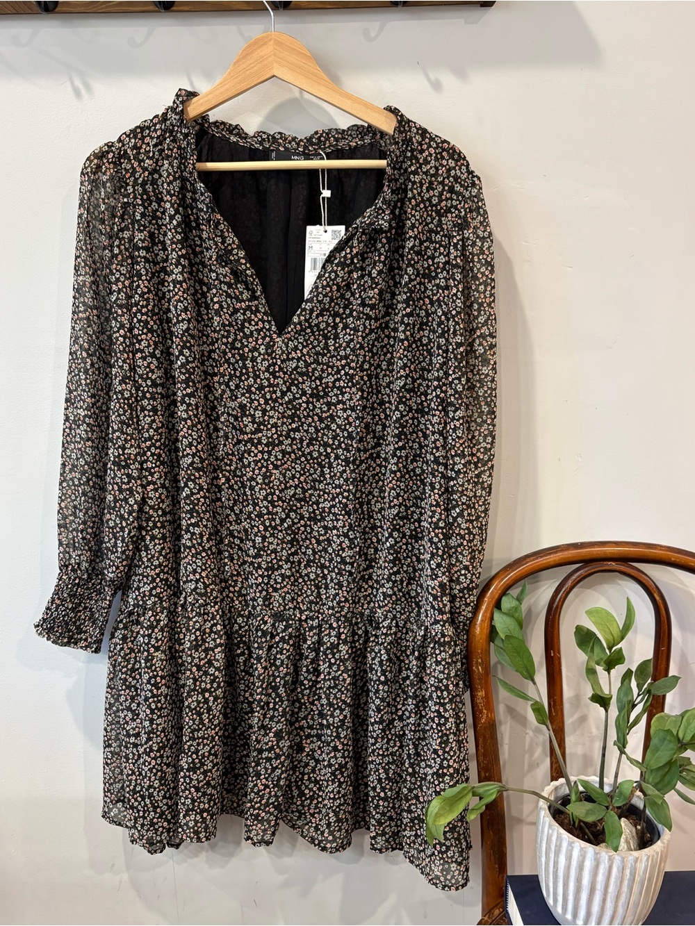 Mango Floral Ruffle V-Neck Long Sleeve Mini Dress